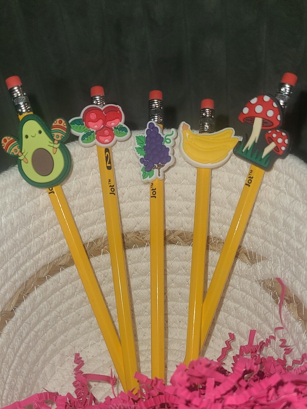 Cute Fruit & Mushroom Pencil Toppers — Yellow Pencils with Assorted Charms